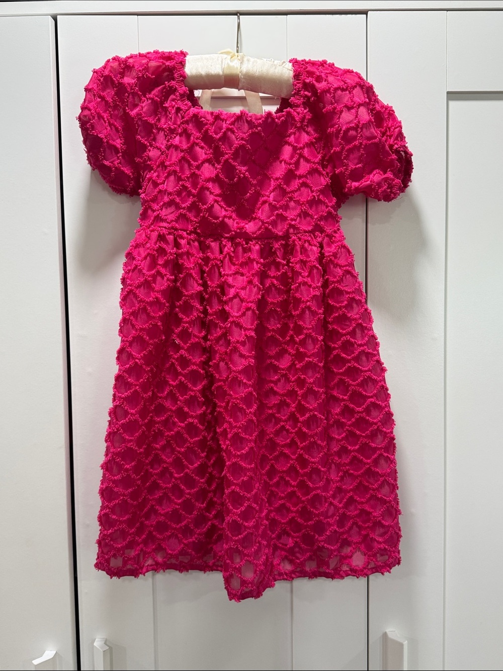 Xtraordinary Hot Pink Puff-Sleeve Textured Party Dress